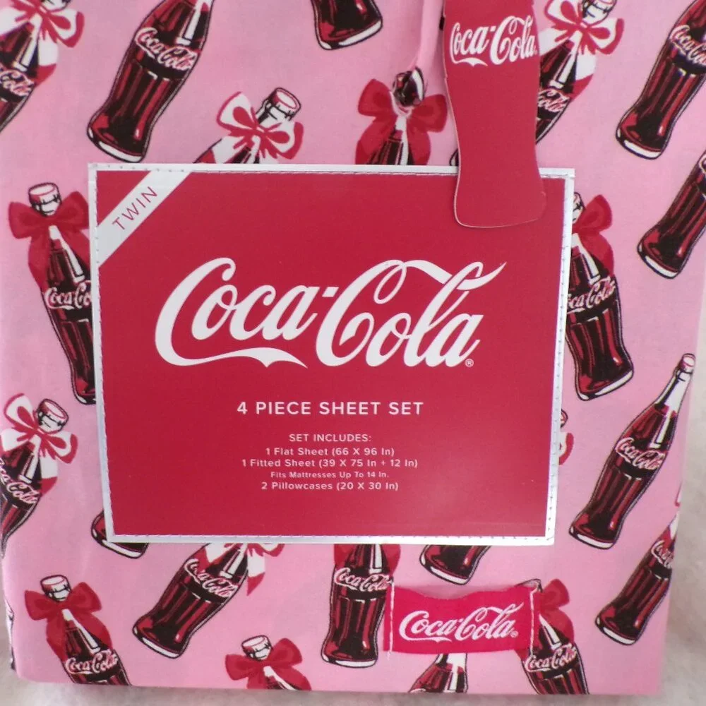 Red Bows Coca-Cola Bottle Print Twin Sheet Set Soda Bedding NWT Coke